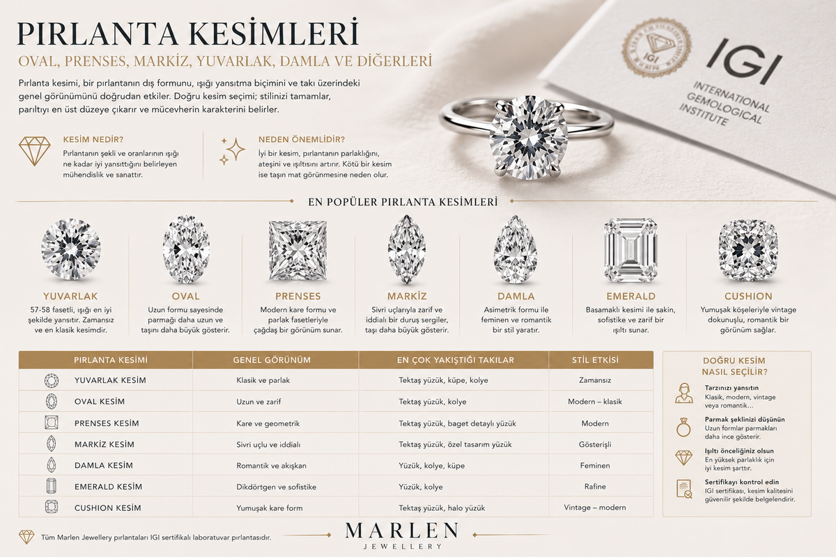 Pırlanta Kesimleri: Oval, Prenses, Markiz, Yuvarlak, Damla ve Diğerleri